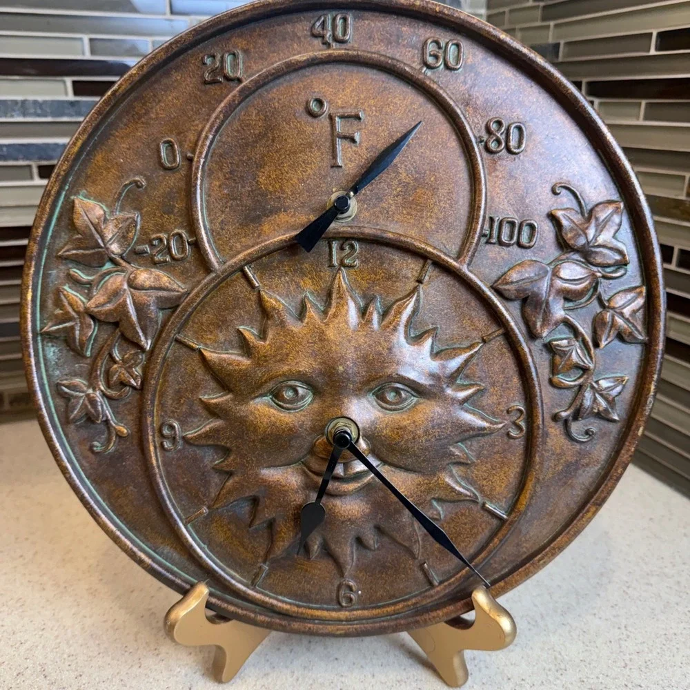Bronze Sun Face Wall Clock & Thermometer Celestial Indoor/Outdoor Decor 11.5